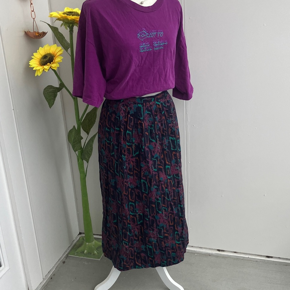 Vintage 80s Pleated Dark Moody Navy, Fuchsia, Orange, Green Floral Midi Skirt